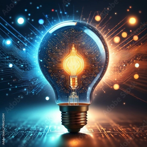 Obraz Illustration of a glowing lightbulb symbolizing creativity and innovation, surrounded by an explosion of colors, dynamic particles, and abstract shapes. Generative AI