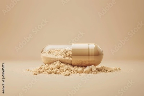 Obraz opened capsule showing supplement powder on beige colour background