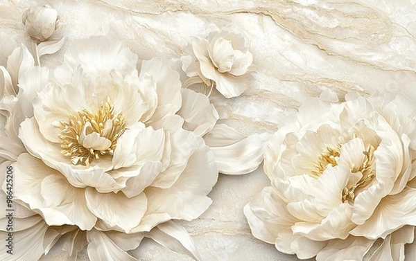 Fototapeta Elegant arrangement of soft lilies and seashells on a textured background with golden accents