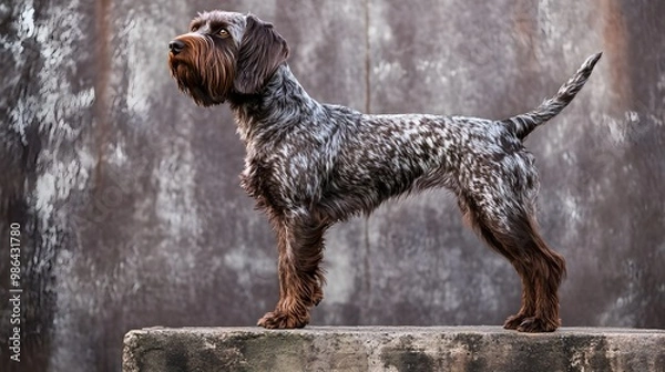 Fototapeta A Wirehaired Pointing Griffon standing proudly on a , showcasing its distinctive coat texture and vibrant personality