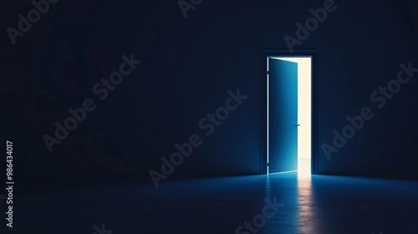 Obraz open door with glow light in blue room with copy space, opportunity concept