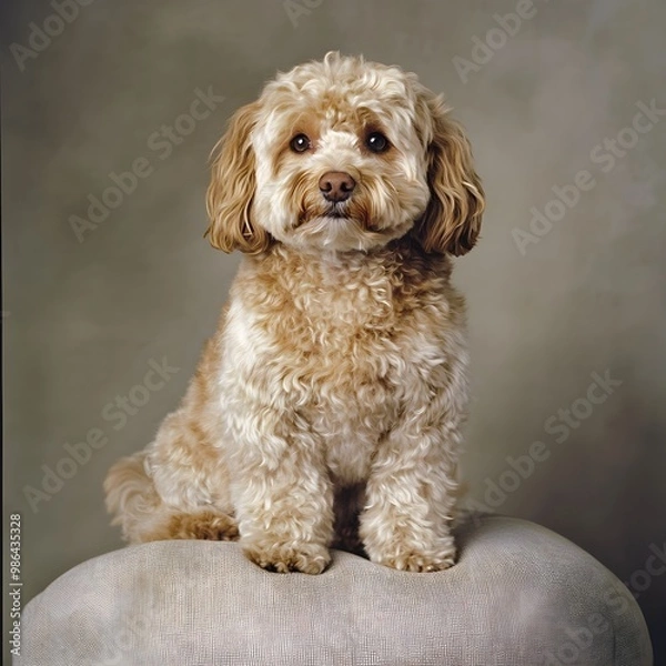 Fototapeta A fluffy Cockapoo sitting gracefully on a soft cushion, showcasing its curly fur and warm expression, with