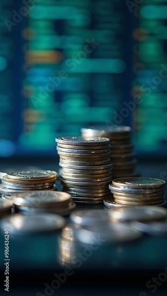 Obraz Close up of stacked silver coins with reflections against blurred computer code background