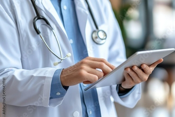 Fototapeta Doctor using a stethoscope and writing on a clipboard in a healthcare setting