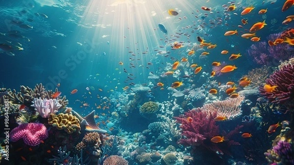 Fototapeta A vibrant coral reef teeming with colorful fish and marine life, with sunlight piercing through the clear blue water from above