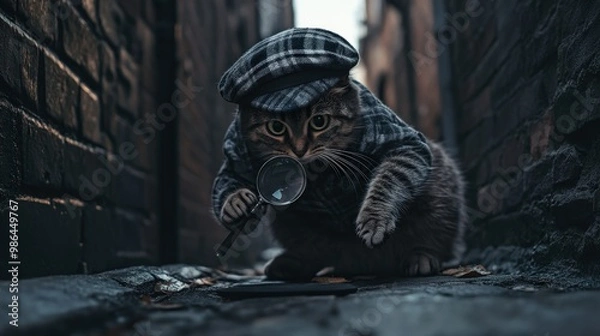 Fototapeta A meticulous cat detective, dressed in a checkered outfit, prowls a cobblestone alley, magnifying glass in paw, uncovering mysterious clues at dusk
