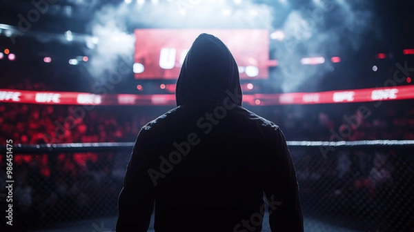 Fototapeta A boxer wearing a hooded robe walks toward the ring, surrounded by smoke and dramatic lighting, preparing for a high-stakes match