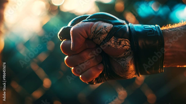 Fototapeta A detailed close-up of a fighter's clenched fist wearing an MMA glove, capturing the intensity and power before a UFC or boxing match.
