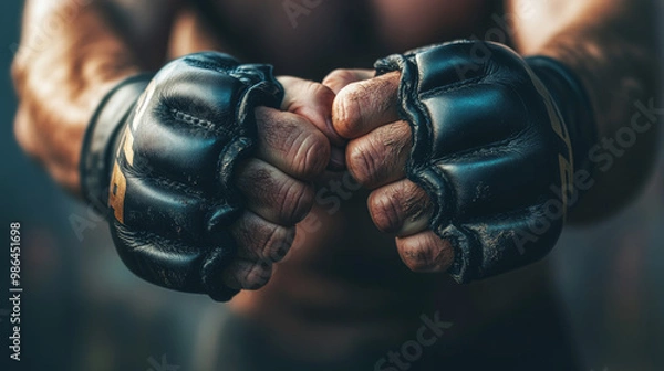 Fototapeta A detailed close-up of a fighter's clenched fist wearing an MMA glove, capturing the intensity and power before a UFC or boxing match.
