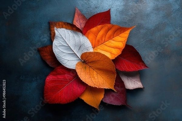 Fototapeta Autumn background - colorful autumn leaf arrangement on textured blue background