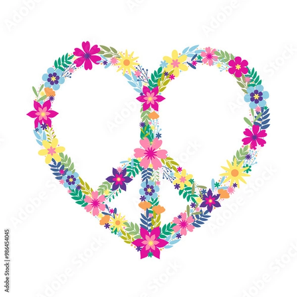 Fototapeta Floral Heart Peace symbol icon on a transparent background. Flowers logo design. World Peace Day design. Anti military movement emblem, no war symbol