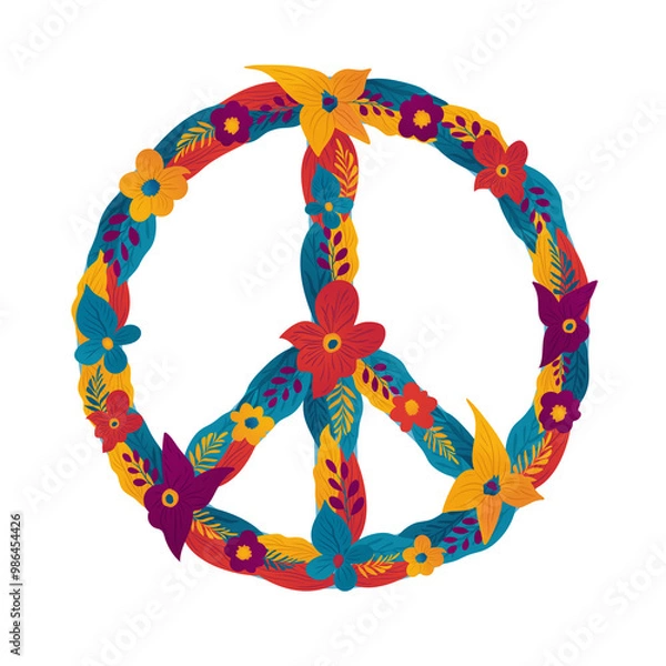 Fototapeta Peace symbol colorful floral icon on a transparent background. Flowers logo design. World Peace Day concept. Anti military movement emblem