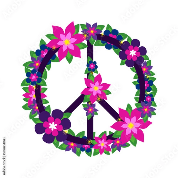 Fototapeta Peace symbol colorful floral icon on a transparent background. Flowers logo design. World Peace Day concept. Anti military movement emblem
