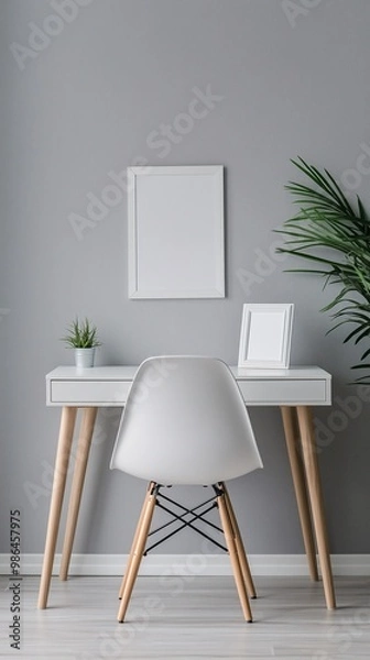 Fototapeta blank photo frame mockup on grey wall with minimal white desk and plant decorating