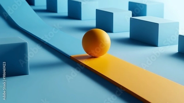 Obraz Abstract Image of Yellow Ball on Geometric Path with Blue Shapes, Minimalist Design, Generated AI
