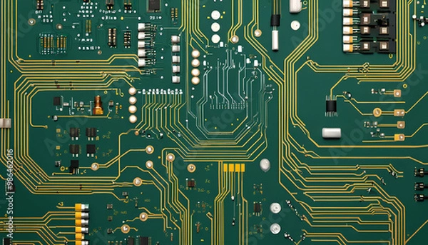 Obraz Close-up image of a semiconductor wafer with intricate circuit patterns, metallic components, and reflective surfaces, set against a high-tech, sleek background