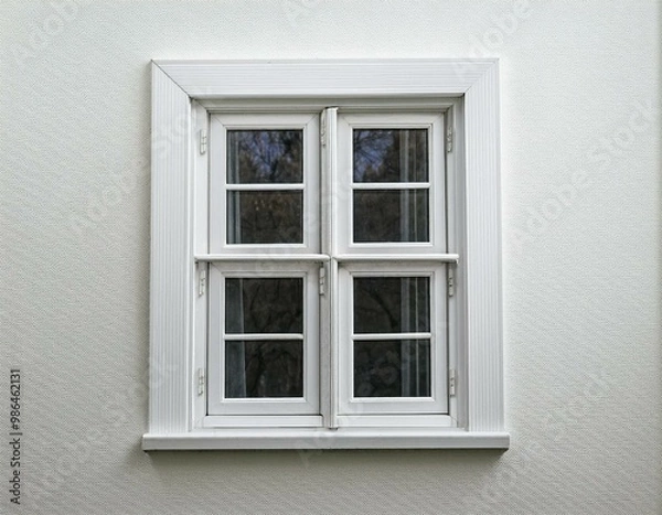 Fototapeta A single white window with four panes, set in a white wall.
