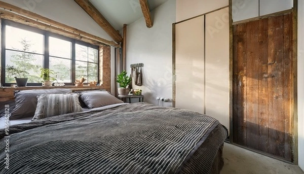 Obraz A small, cozy bedroom with a bed and a single window. The room is decorated with rustic, industrial elements. The walls are made of metal and the doors are made of wood.