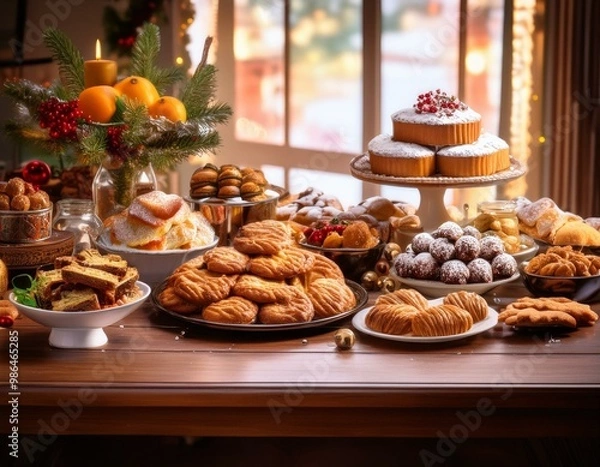Fototapeta A table overflowing with an assortment of delectable pastries and sweet treats, perfect for a festive celebration.