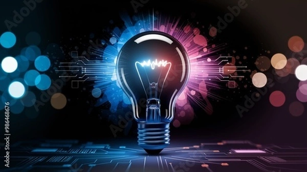 Obraz Illustration of a glowing lightbulb symbolizing creativity and innovation, surrounded by an explosion of colors, dynamic particles, and abstract shapes. Generative AI