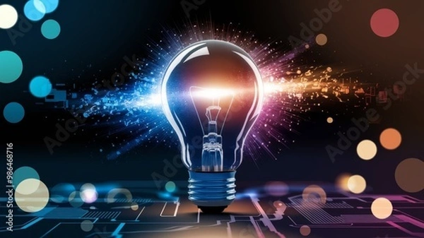 Obraz Illustration of a glowing lightbulb symbolizing creativity and innovation, surrounded by an explosion of colors, dynamic particles, and abstract shapes. Generative AI