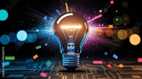 Obraz Illustration of a glowing lightbulb symbolizing creativity and innovation, surrounded by an explosion of colors, dynamic particles, and abstract shapes. Generative AI