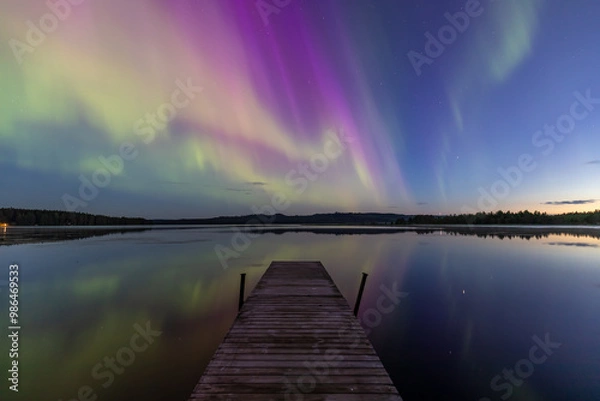 Obraz A beautiful Northern Lights is shown in the night sky, with vibrant colors such as pink, green, and purple.  In the foreground, there is a wooden pier jutting out into the water.