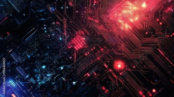 Fototapeta Modern tech background featuring digital circuits and electronic elements