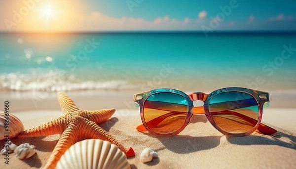 Fototapeta A vibrant summer scene with sunglasses, seashells, and a starfish on a sandy beach with turquoise ocean in the background.