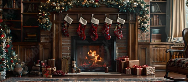 Fototapeta A cozy Christmas scene featuring beautifully decorated fireplace adorned with stockings, surrounded by festive decorations and presents. warm glow of fire adds to joyful atmosphere