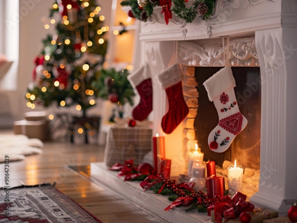 Fototapeta A cozy festive holiday scene featuring beautifully decorated fireplace adorned with colorful stockings, candles, and Christmas tree in background, creating warm and inviting atmosphere