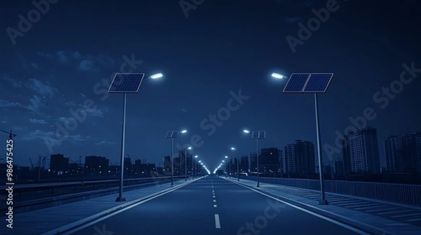 Obraz Empty road illuminated by solar street lamps