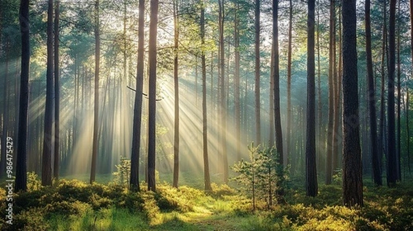 Obraz Sunbeams Illuminating a Misty Pine Forest