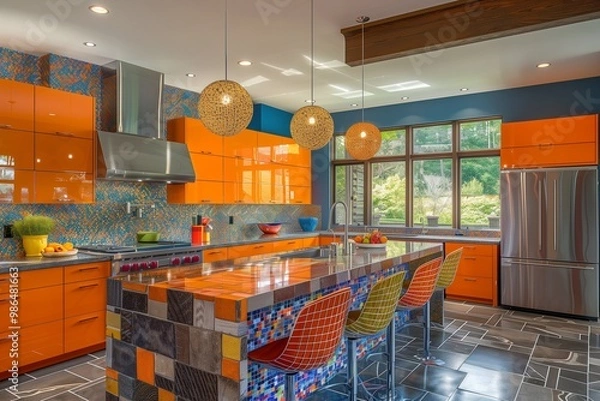 Obraz Eclectic kitchen with mixed materials and bold colors.