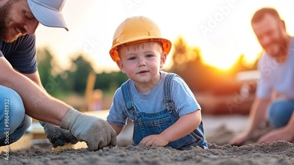 Fototapeta A young child in a yellow helmet excitedly plays in sand at a construction site during sunset, while two adults assist and engage, promoting a fun and safe learning environment
