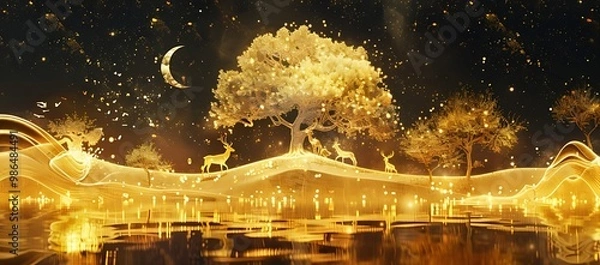 Fototapeta Golden oak tree on digital mountain floating on water