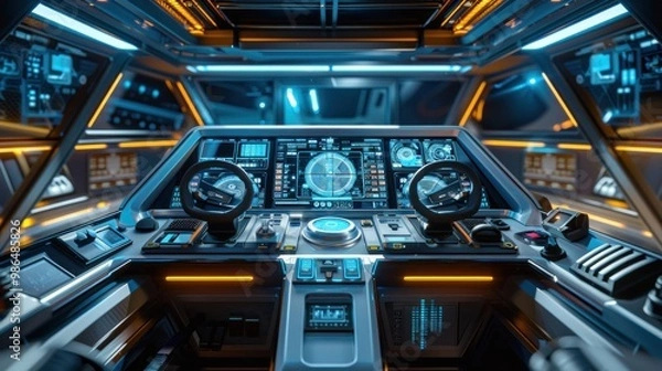 Obraz A futuristic boat interior with touchscreen controls, holographic navigation displays, and panoramic windows, illuminated by soft cyan lighting.