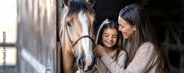 Obraz Mother and daughter with a horse, smiling together