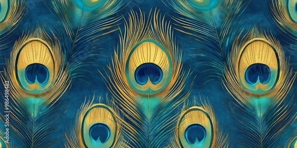 Fototapeta Close-up of gold and blue peacock feather pattern.