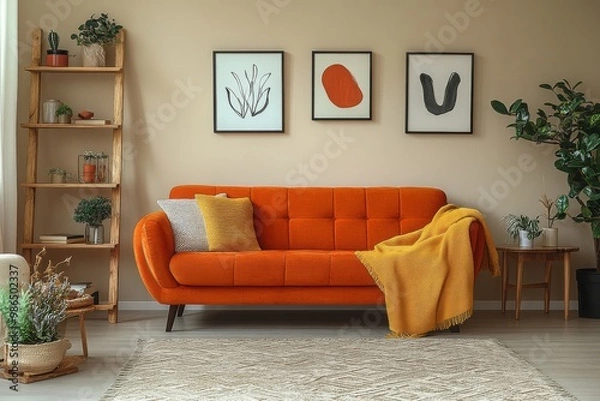 Obraz Cozy sofa with plaid, cushion and vase with narcissus flowers in living room