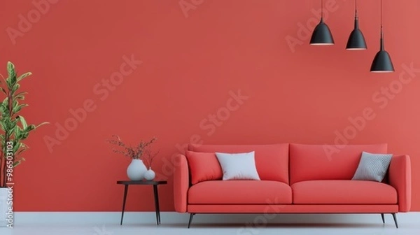 Fototapeta Bright and modern living room featuring a coral wall, cozy sofa, and decorative elements