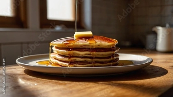Obraz Delicious stack of pancakes drizzled with warm syrup and topped with melting butter on a cozy kitchen table in morning light