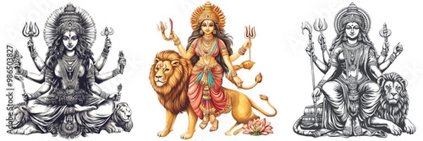 Fototapeta Set of goddess durga and lion isolated on a transparent background