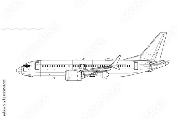 Obraz Boeing 737 MAX 7. Vector drawing of narrow-body passenger jet airliner. Side view. Image for illustration and infographics.