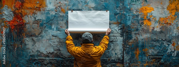 Obraz A person delicately mounts a rolled-up poster on a worn city wall.
