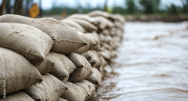 Fototapeta Sandbags line a flooded road as communities prepare for severe weather conditions