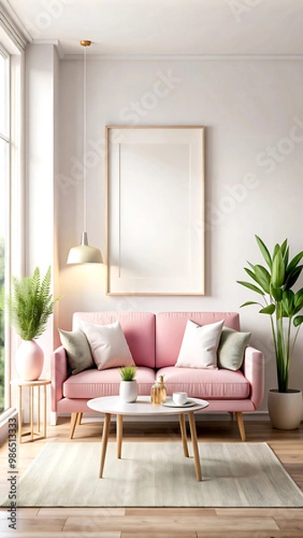 Fototapeta Home interior mock-up with pink sofa, table and decor in living room, 3d render, white Mock up frame
