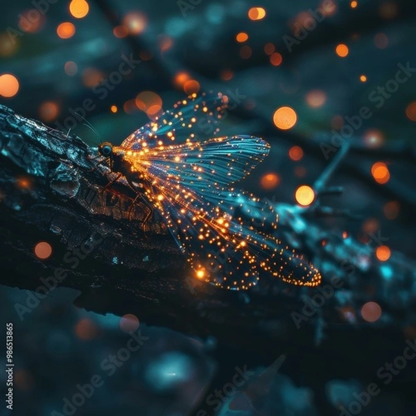 Obraz A glowing insect with intricate wings sits on a branch. AI.