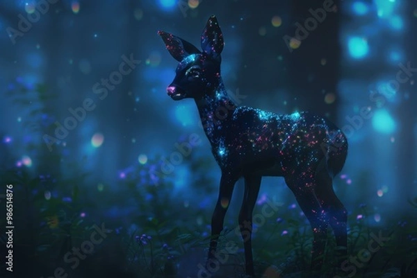 Fototapeta A deer stands in a forest with glowing lights around it. AI.