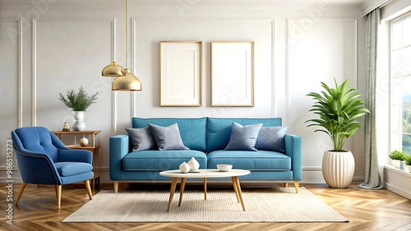 Fototapeta Home interior mock-up with blue sofa, table and decor in living room, 3d render, white Mock up frame